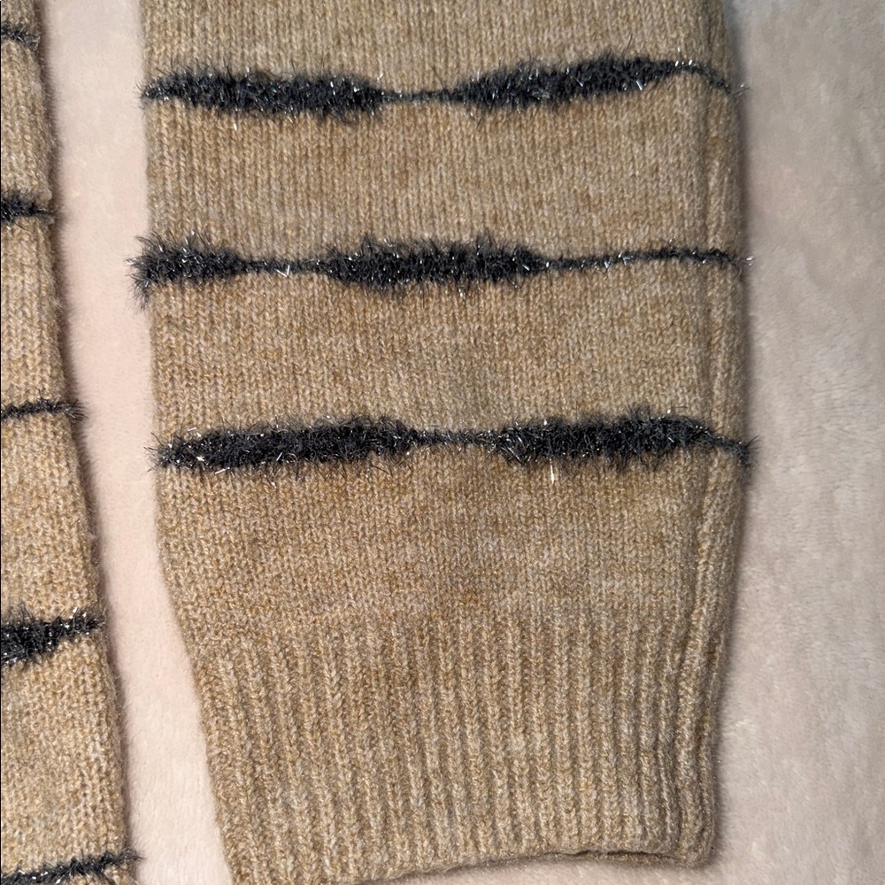 Studio B by Bobeau Tan Striped Sweater Eyelash Metallic Silver Trim Medium - Picture 6 of 8